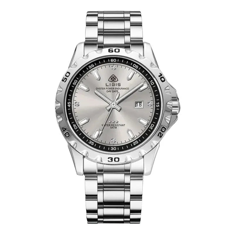 Silver men's business watch with luminous hands on stainless steel strap
