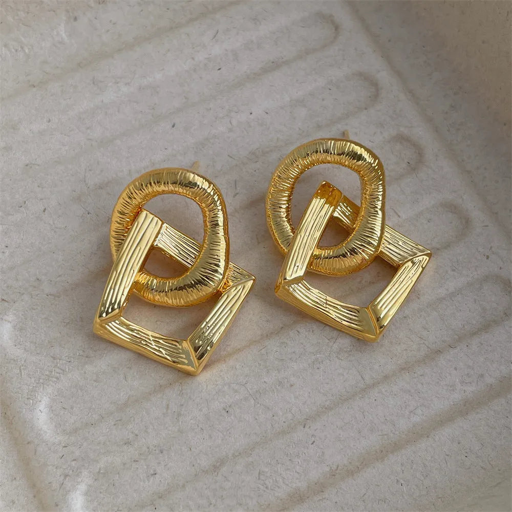 Copper retro circle pendant earrings with 3.4cm height geometric design in gold or silver electroplated finish