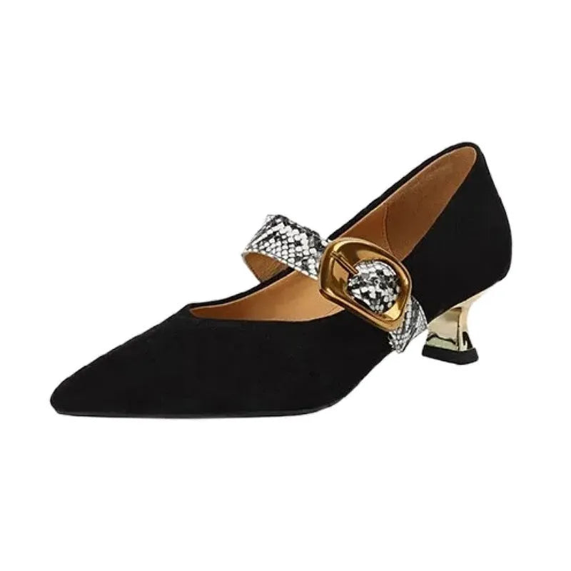 Women's black French pointed stiletto heels with an ankle buckle on a rubber sole.