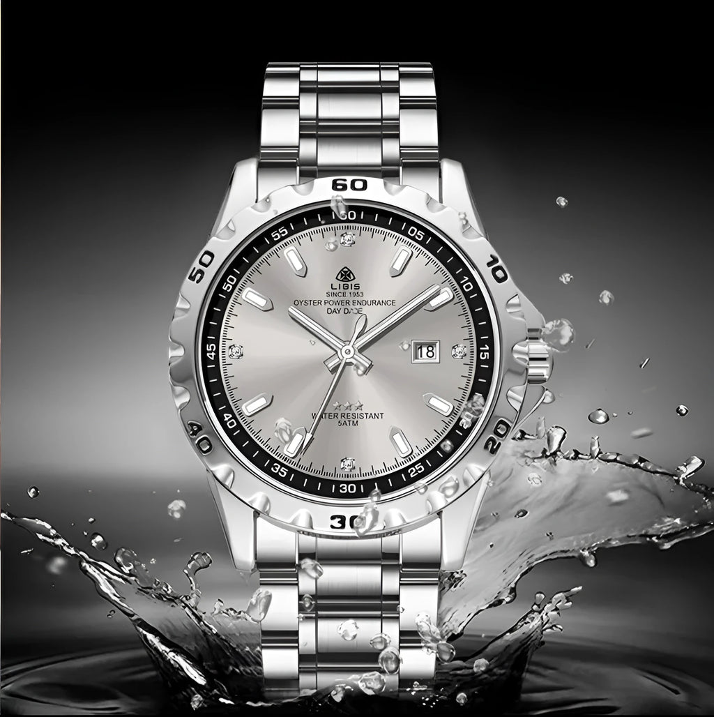 Silver men's business watch with luminous hands on stainless steel strap