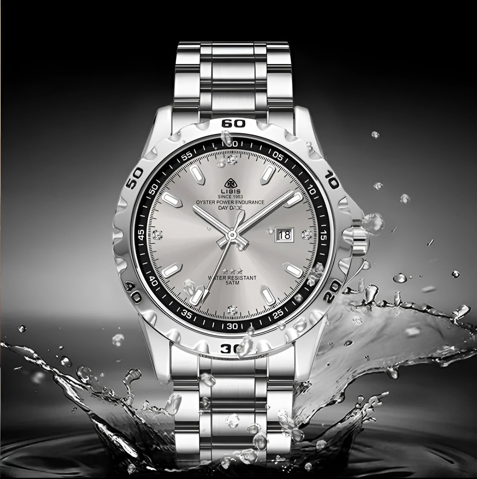 Silver men's business watch with luminous hands on stainless steel strap