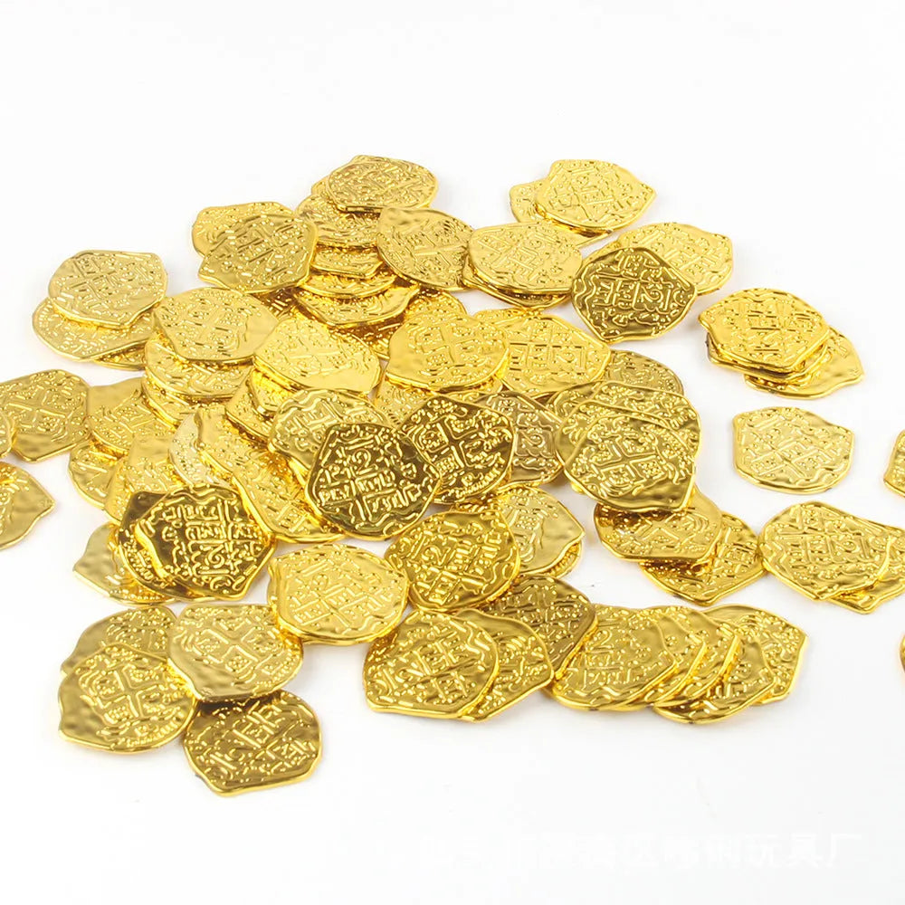 Plastic Roman coins bulk pack showing gold, silver, and bronze antique finishes.