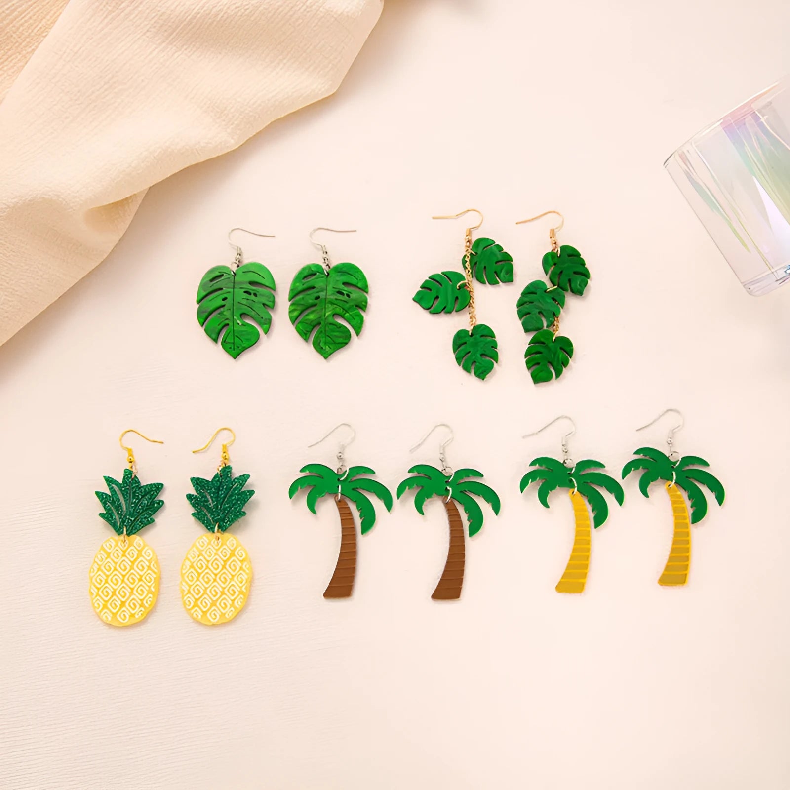 Acrylic drop earrings with coconut and jackfruit designs on alloy hooks in summer colours
