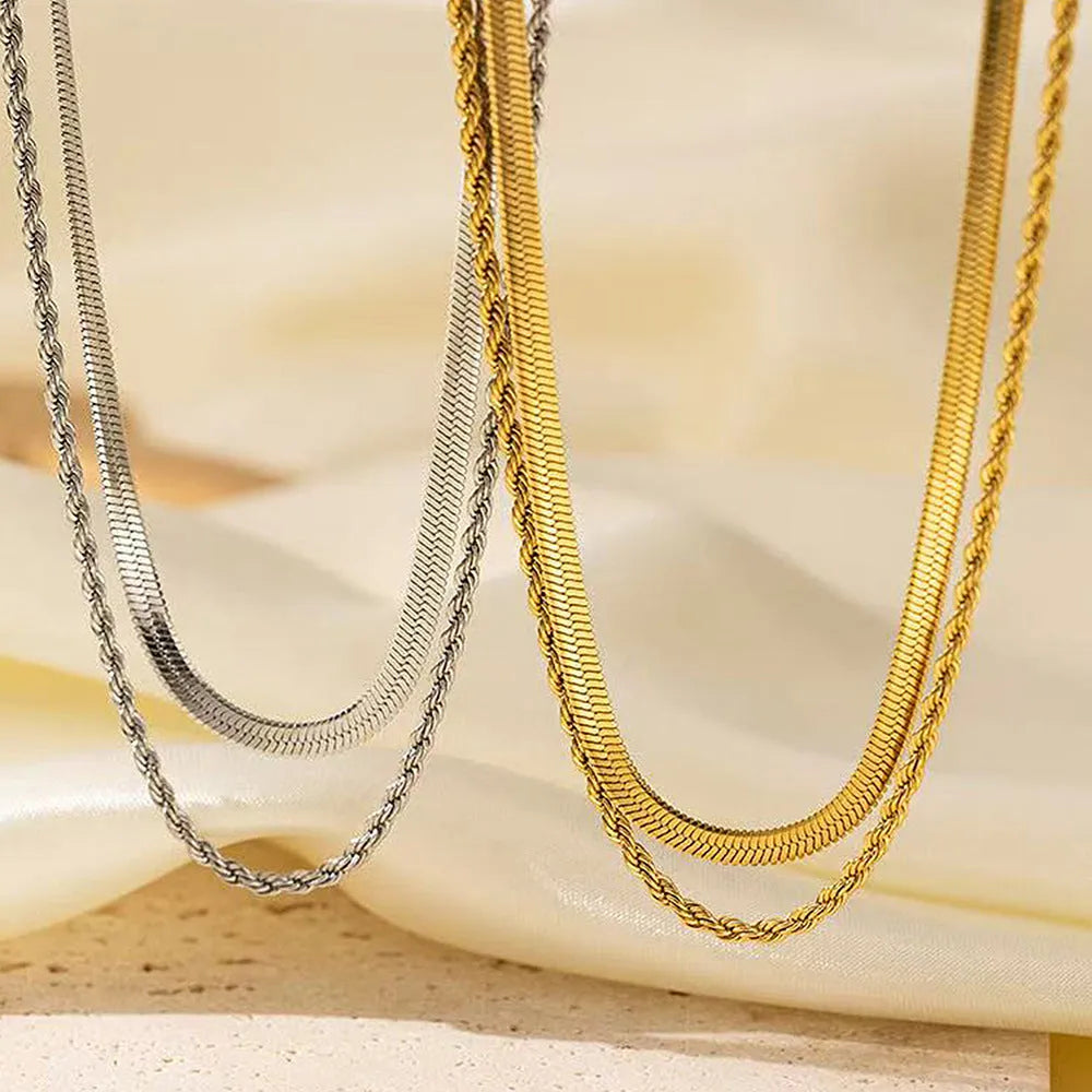 Women's retro geometric double-layer twist necklace with titanium steel pendant on adjustable snake bone chain