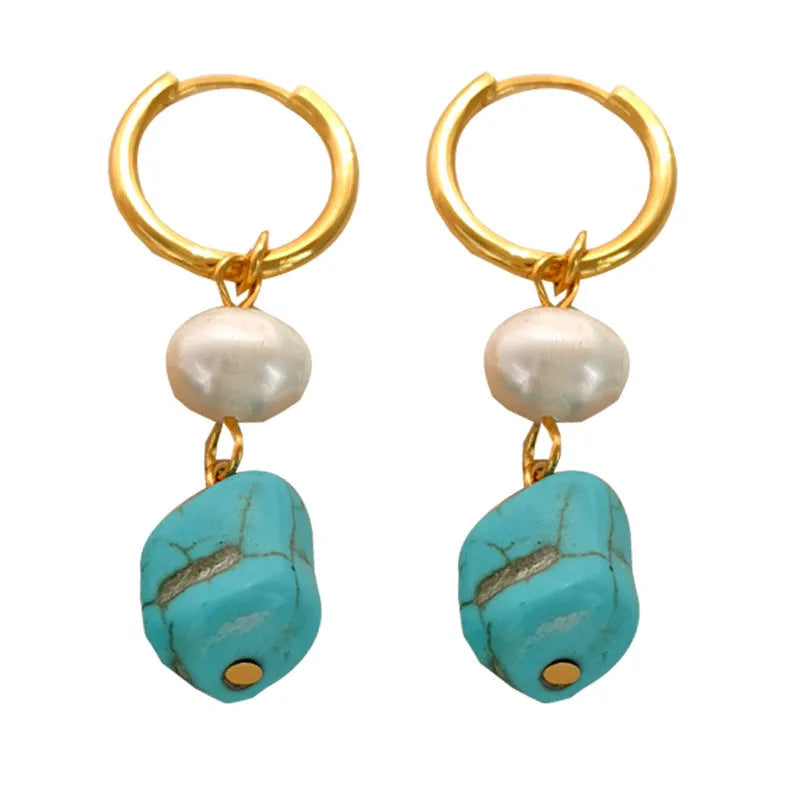 Geometric copper ear clips with irregular turquoise and cultured pearls in short and long lengths