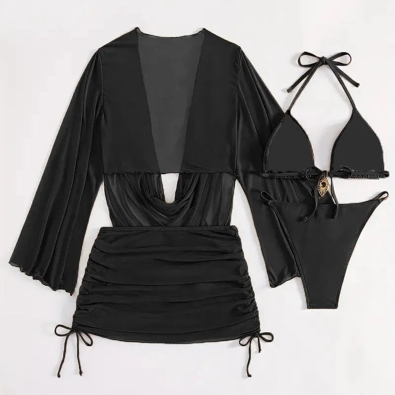 Women's lace-up bikini swimsuit set in dark brown or black with backless design