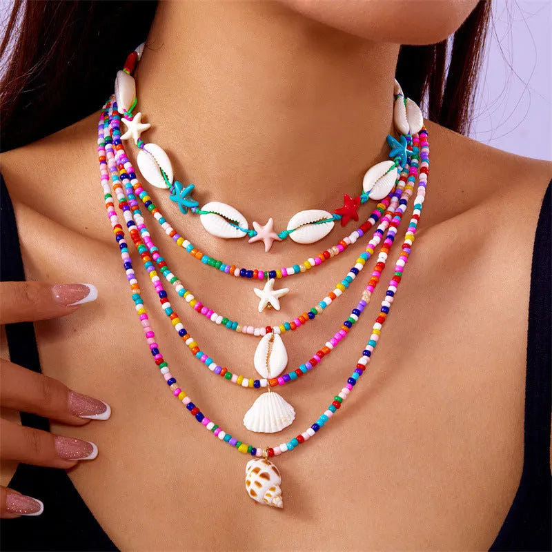 Five-layer starfish shell bead necklace with conch pendant in blue and multicolour options