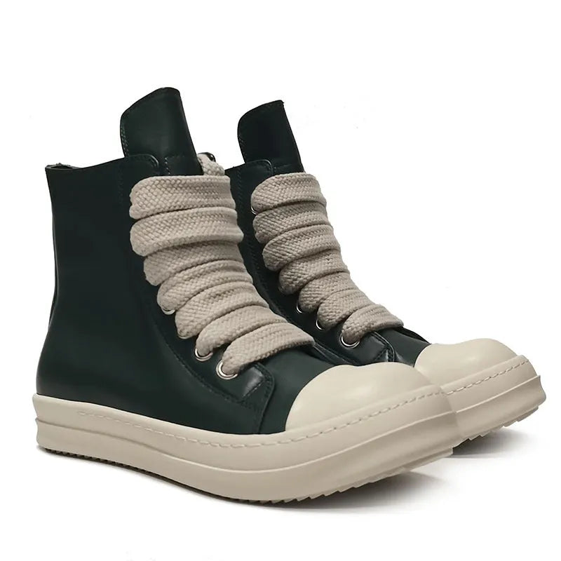 Genuine leather high-top unisex sneakers with side zipper in black, shown on a neutral background.