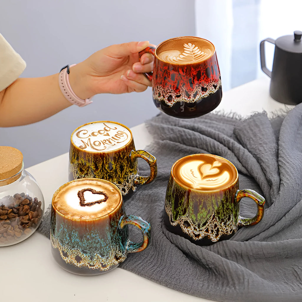 Creative large-capacity coffee mug with retro style, 301-400ml capacity, 8.5cm height, 8cm calibre, four style options