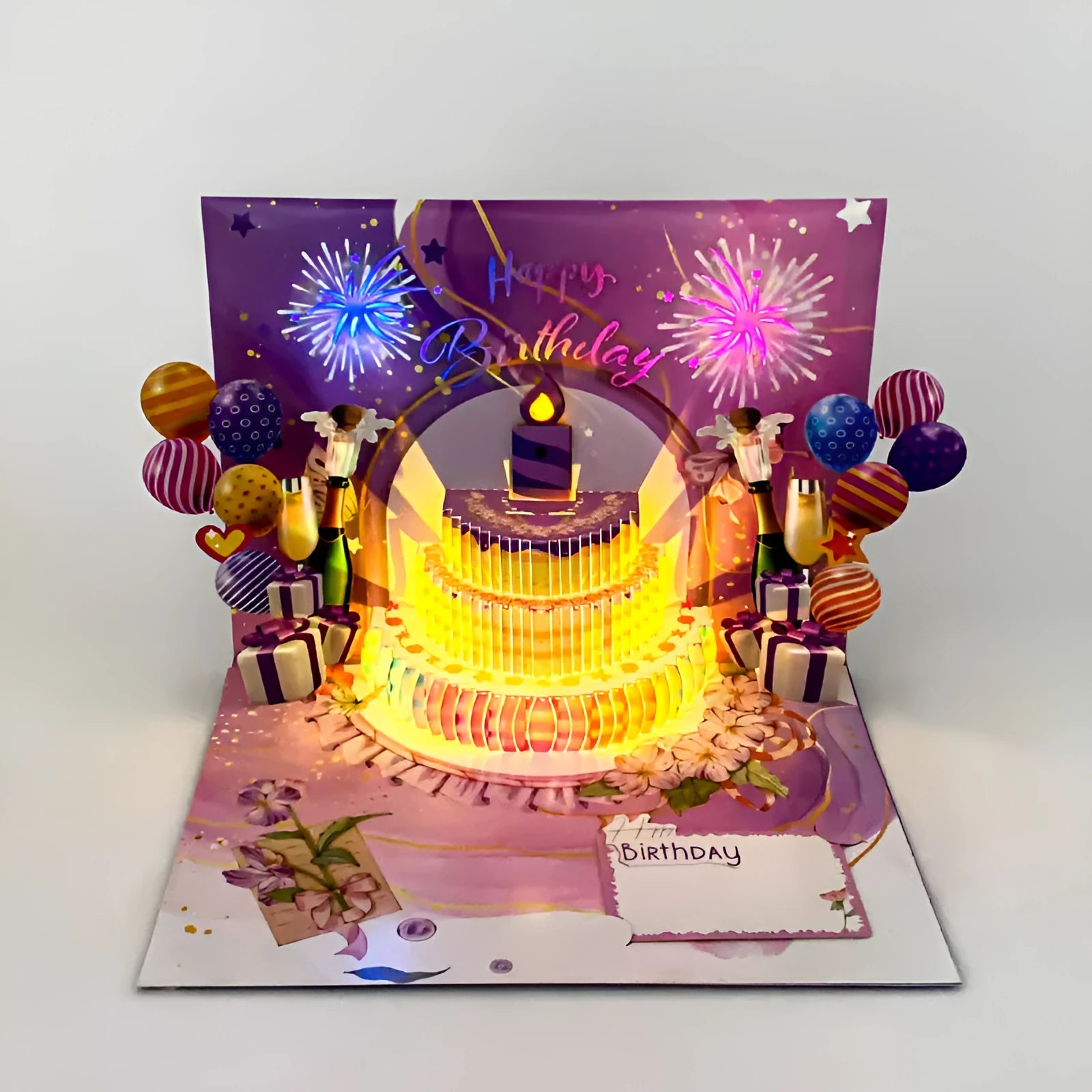 Chinese ink style 3D greeting card with folded cake design and light music element