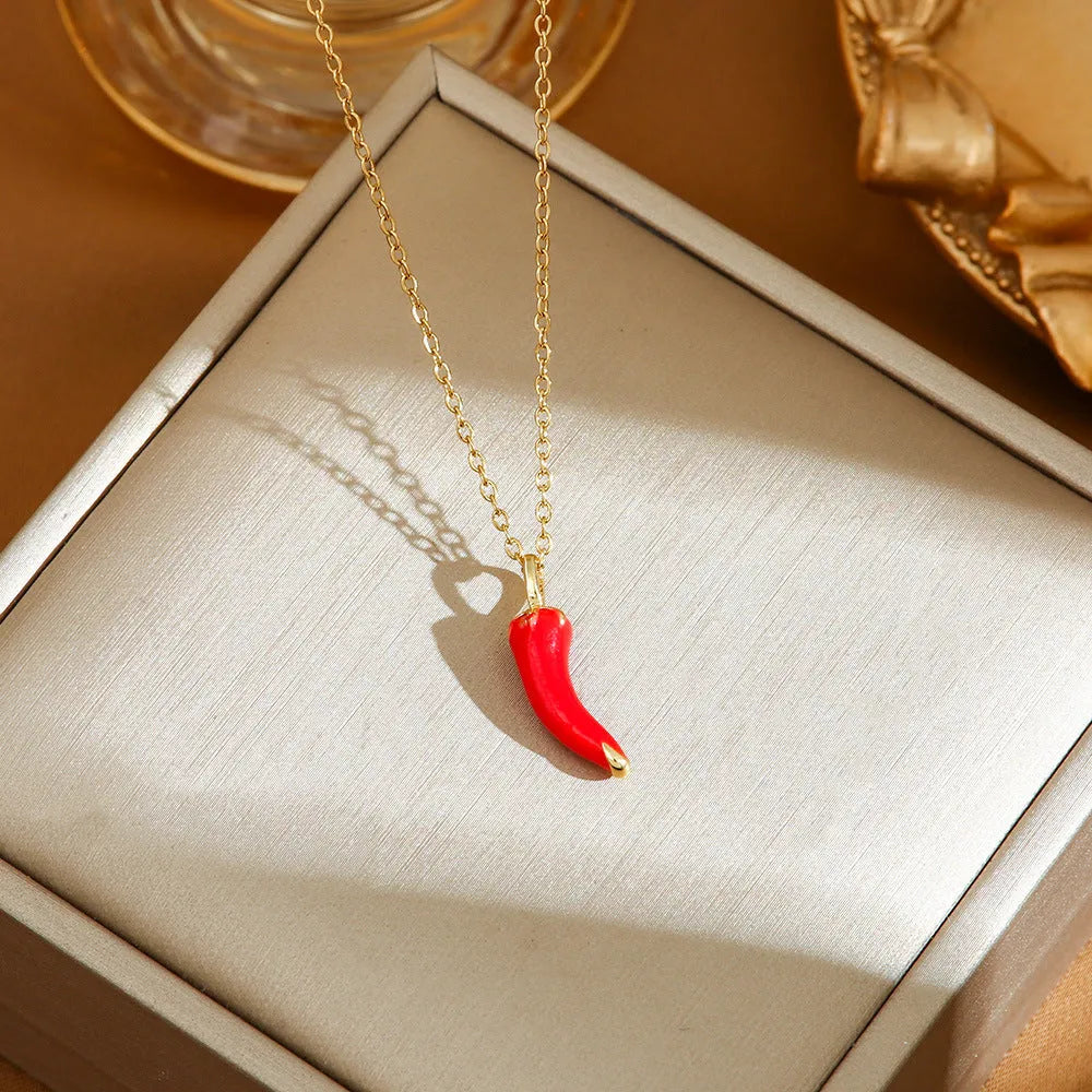 Titanium steel women's necklace with O-ring chain and delicate indie fruit pendant in golden colour options