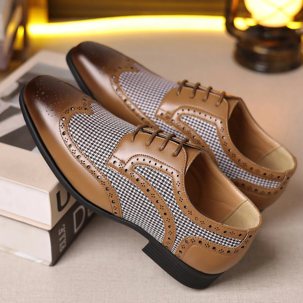 Men's houndstooth plaid casual leather shoes with square toe and lace-up front in four colour options.