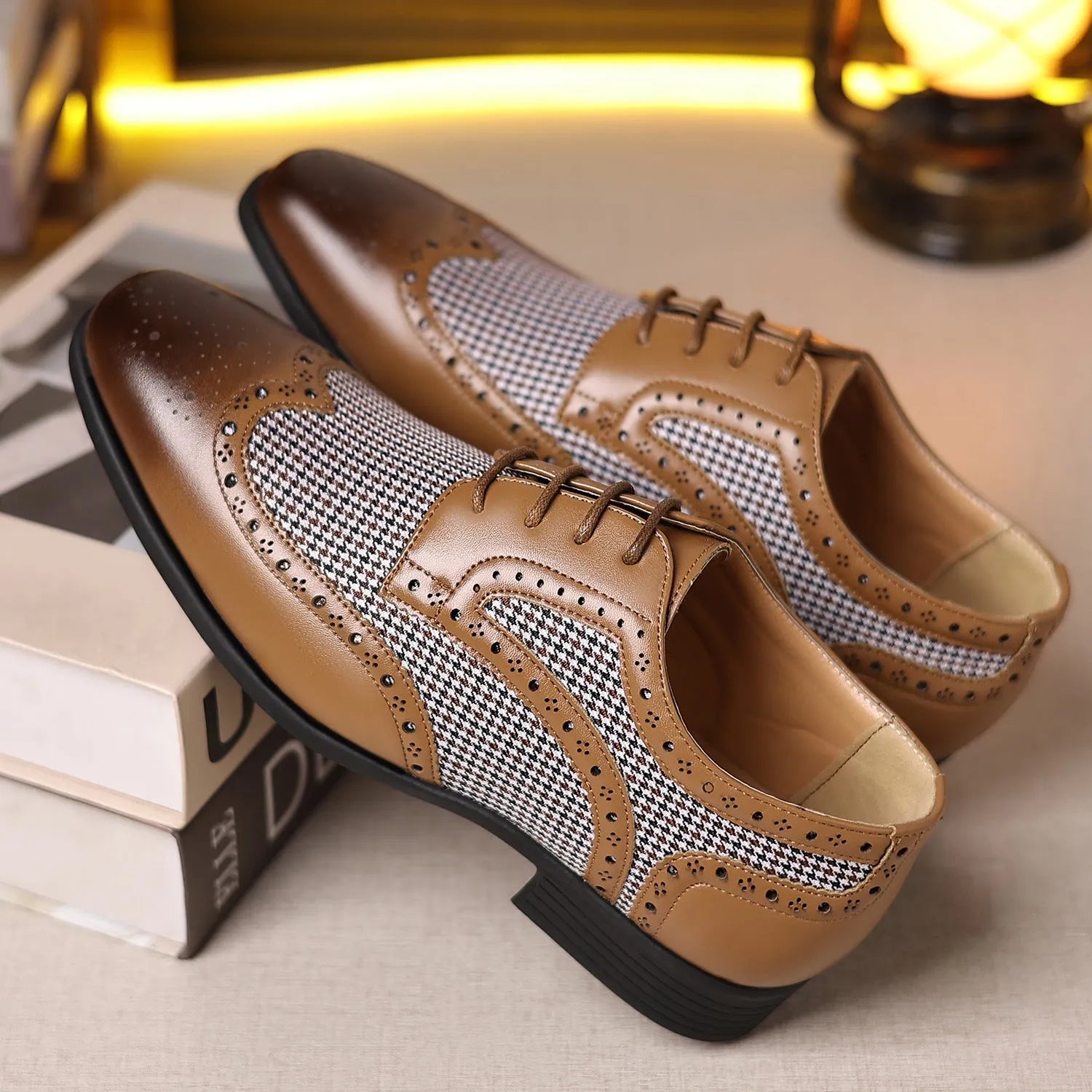 Men's houndstooth plaid casual leather shoes with square toe and lace-up front in four colour options.