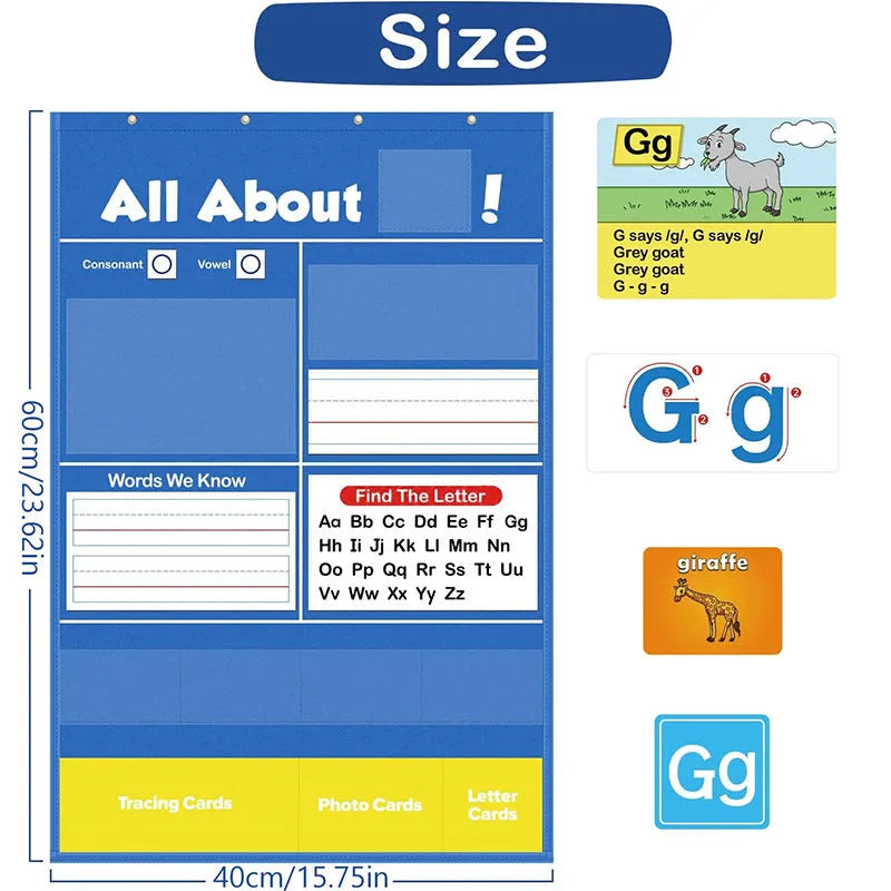 Alphabet learning wall chart measuring 60x40cm with sets of word, letter, picture, and song cards.
