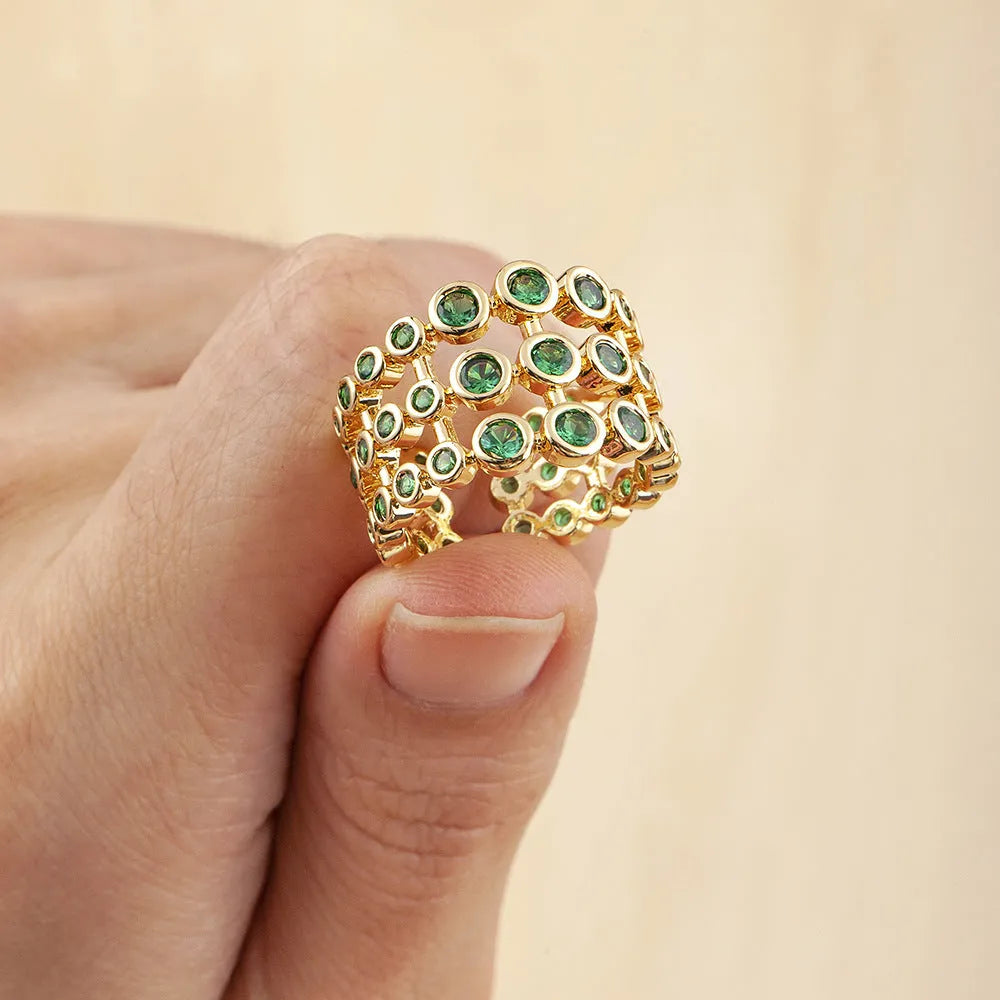 Wide band gold plated copper ring with green zircon stones, unisex jewellery accessory