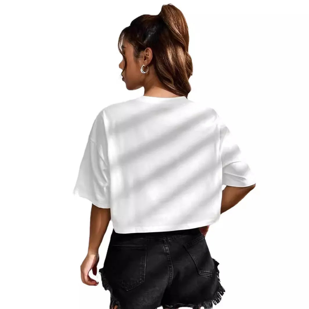Black cotton loose fit t-shirt with exposed navel design showing printed English letters on front