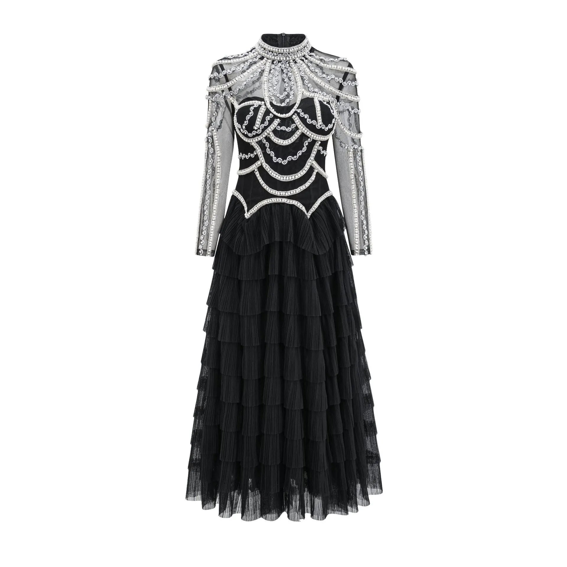 Women's black beaded long sleeve dress with three-dimensional decoration and mid-waist design