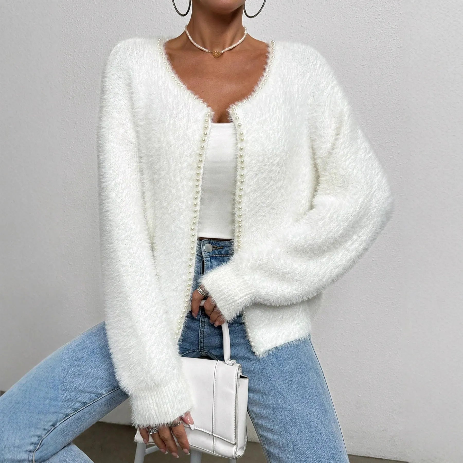 White women's cardigan with V-neck and beaded knit detail, medium thickness polyester fabric