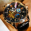Men's automatic mechanical watch with hollow skeleton dial, black leather strap, rose gold case