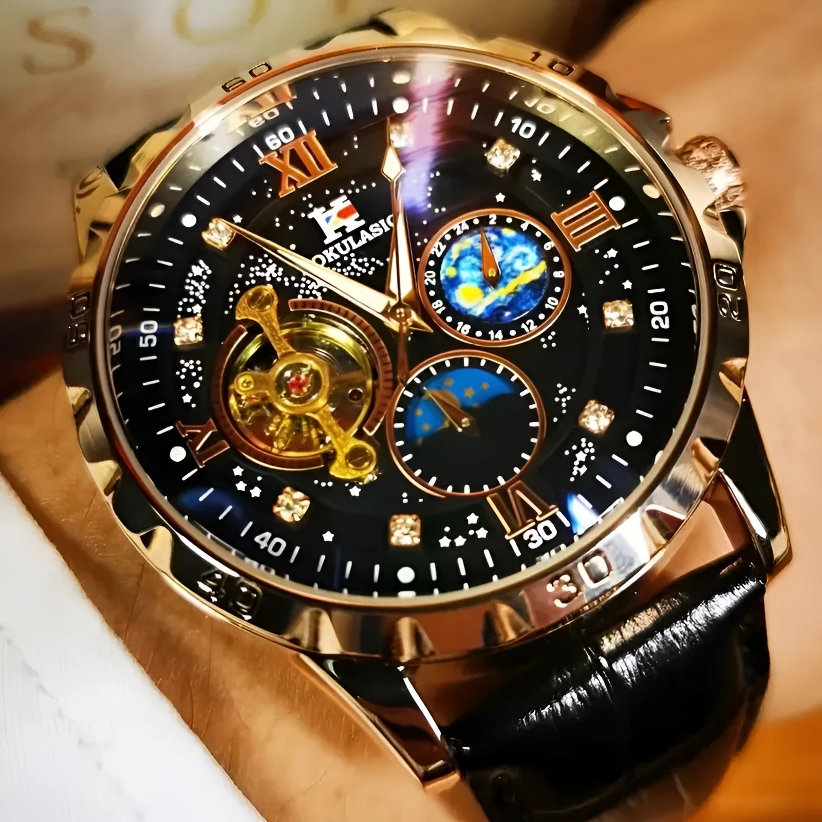 Men's automatic mechanical watch with hollow skeleton dial, black leather strap, rose gold case