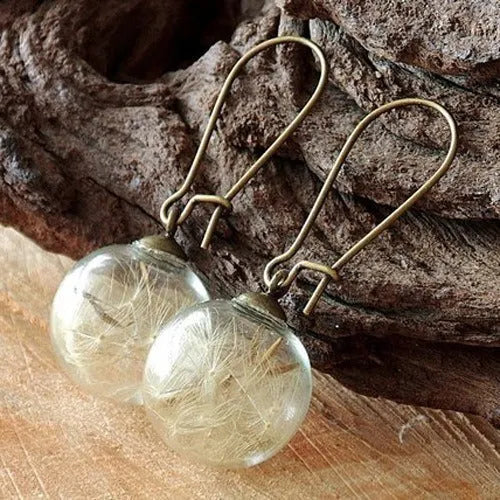 Transparent glass dandelion seed earrings with French hooks in silver and bronze finishes