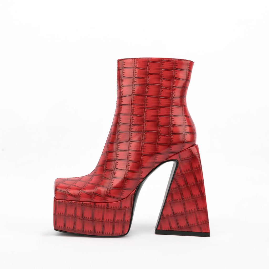 Women's high heel ankle boots in red, green, black, beige, and brown colours with over 8cm heels.