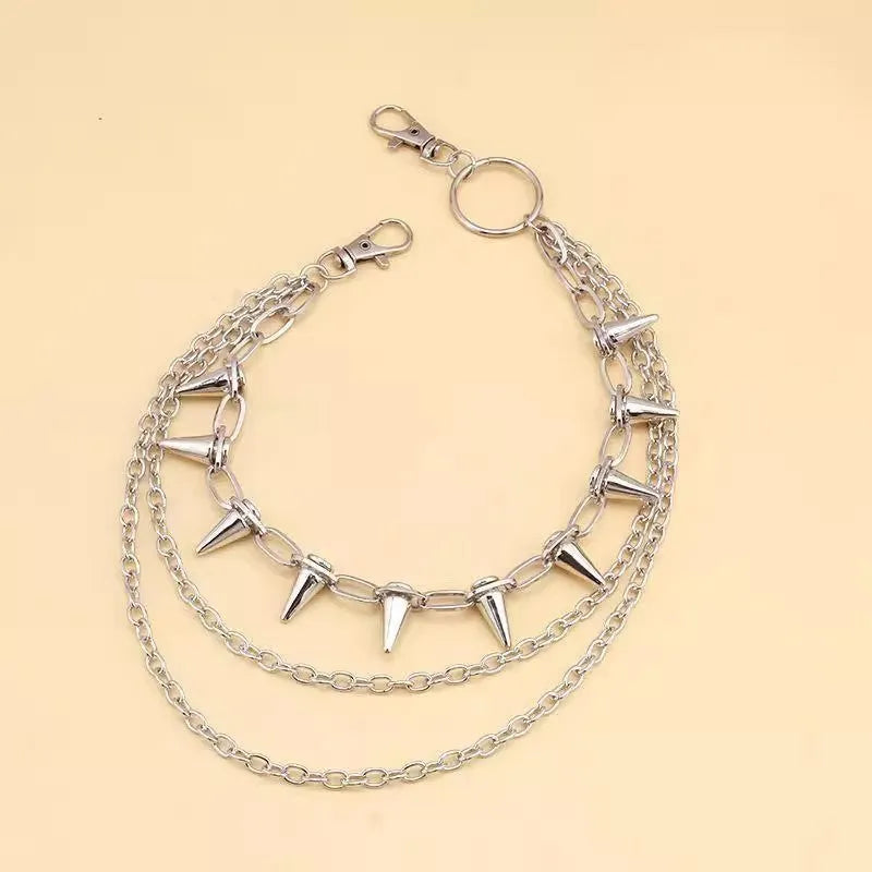 Silver double-layer metal trousers chain with adjustable zipper measuring 115cm length