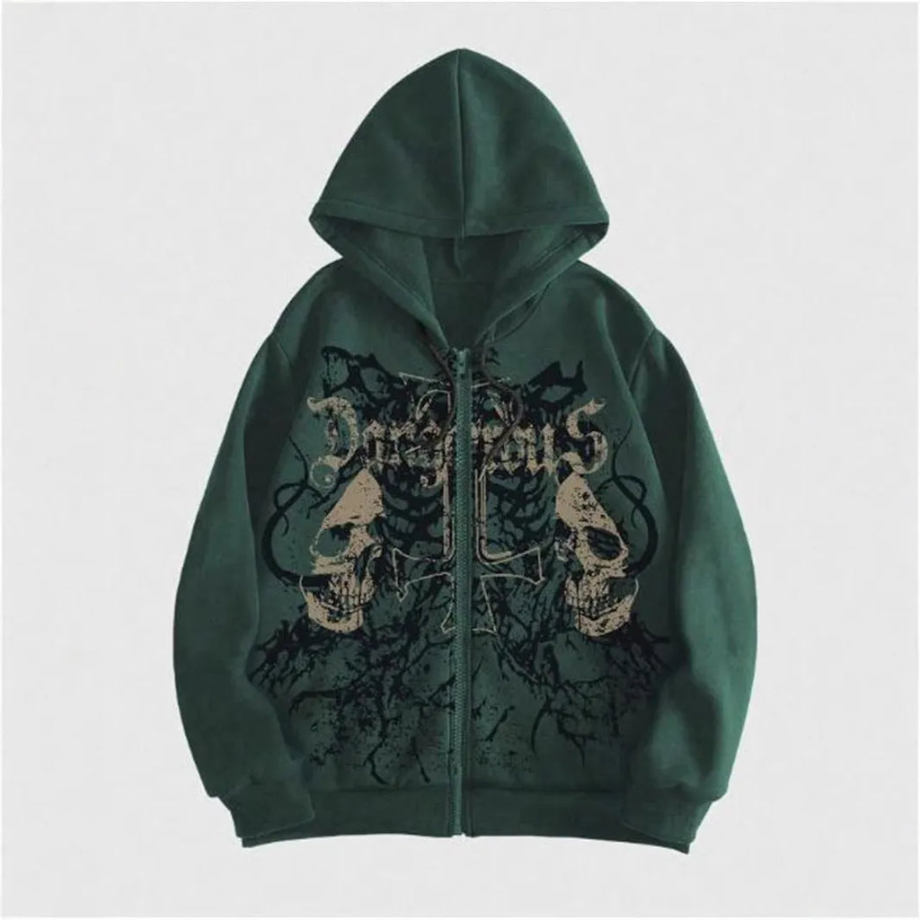Men's pullover hooded sweatshirt with skull print in black, cotton blend fabric, long sleeves, front view