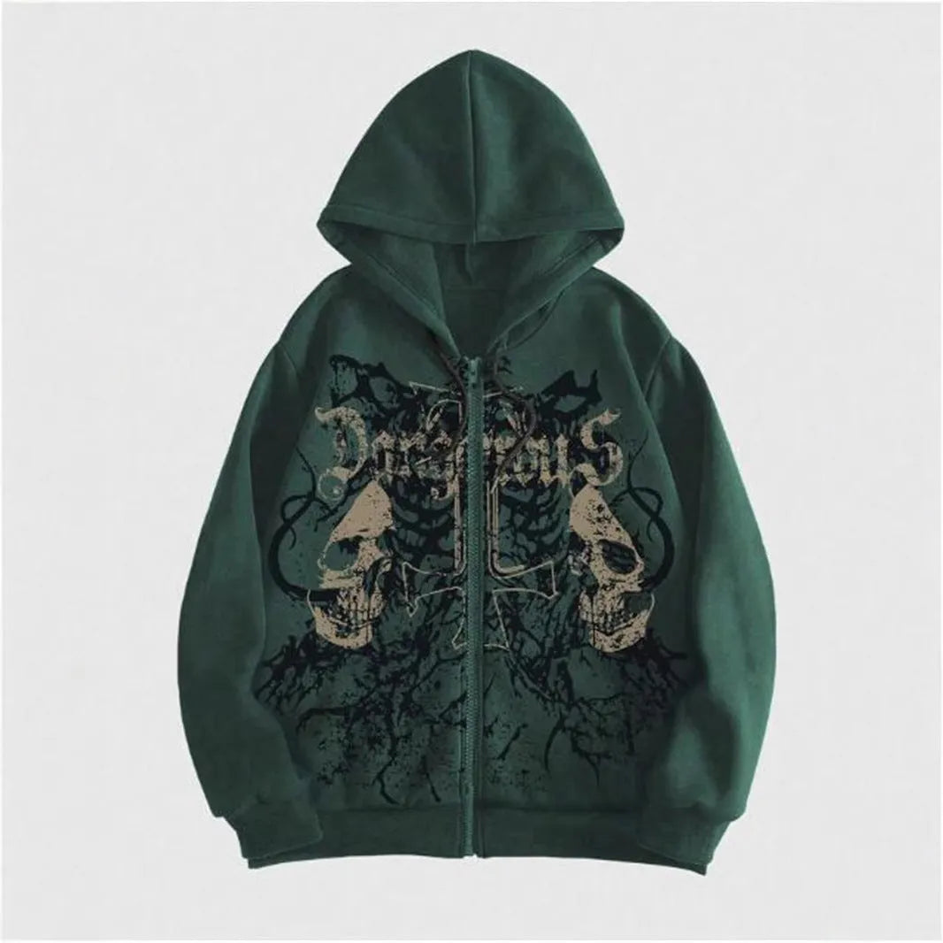 Men's pullover hooded sweatshirt with skull print in black, cotton blend fabric, long sleeves, front view