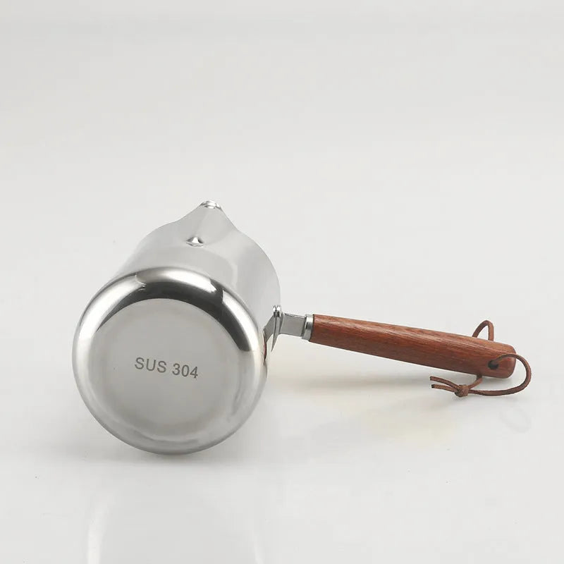 Stainless steel coffee milk pitcher with wooden handle for latte art in three capacity options