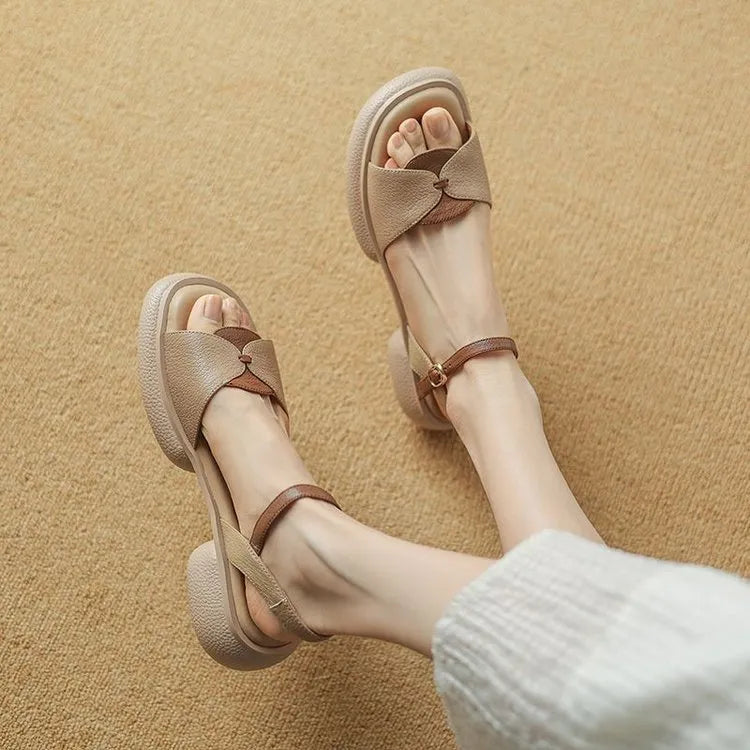 Women's khaki chunky heel platform open toe sandals with renewable leather upper