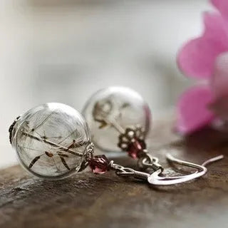 Transparent glass dandelion seed earrings with French hooks in silver and bronze finishes