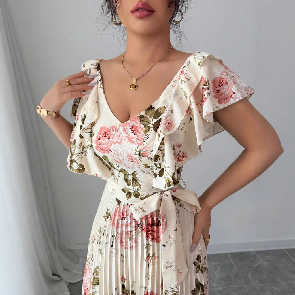 Apricot floral print v-neck dress with ruffled sleeves and swing skirt