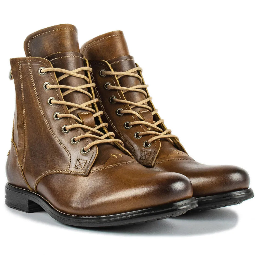 Men's black and brown Knight Series leather boots with a side zipper and low heel.
