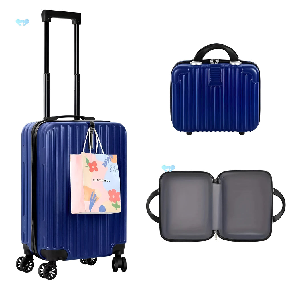 Aluminium alloy suitcase travel set showing 14in and 20in trunks with towel accessory