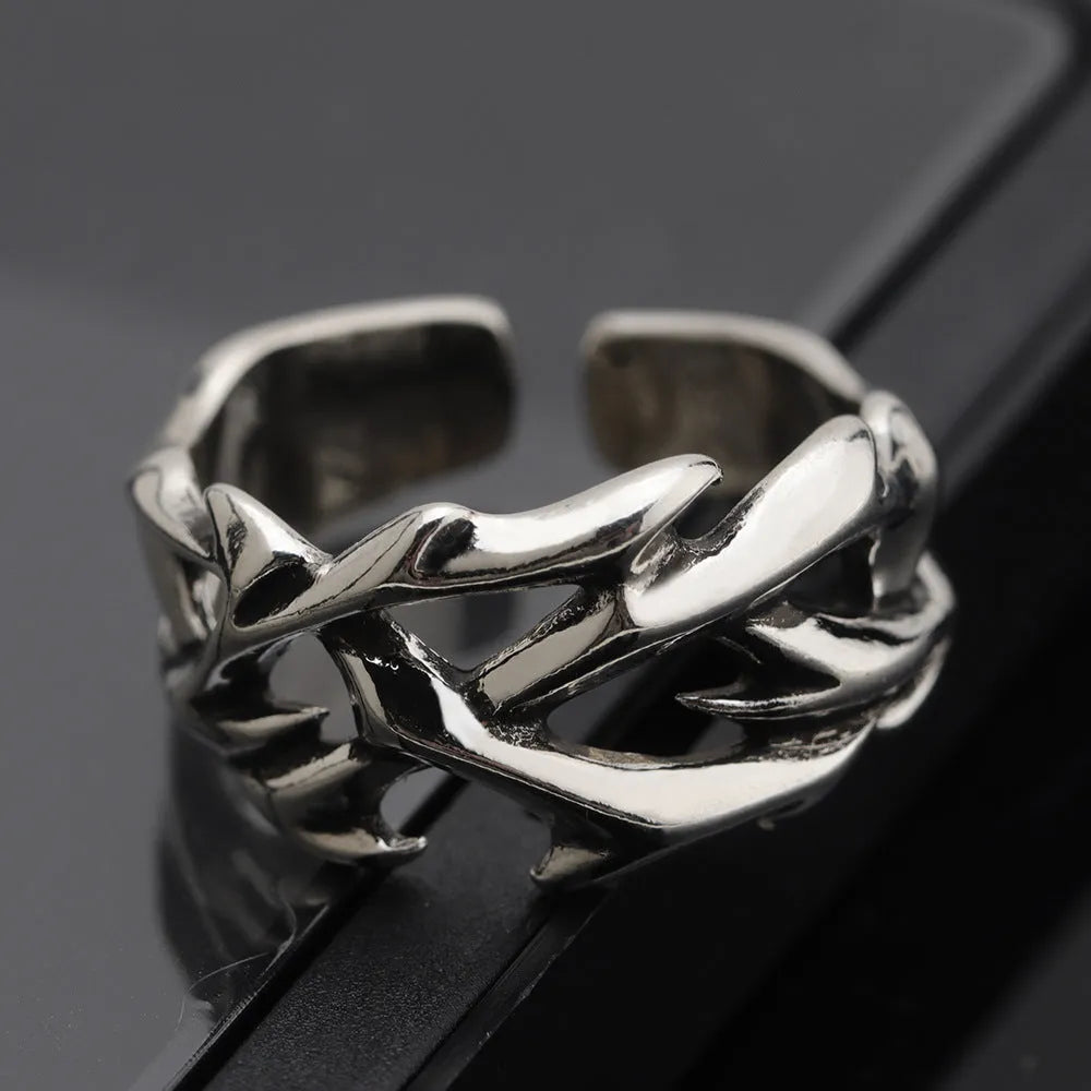 Copper thorn ring with geometric flower design and adjustable opening