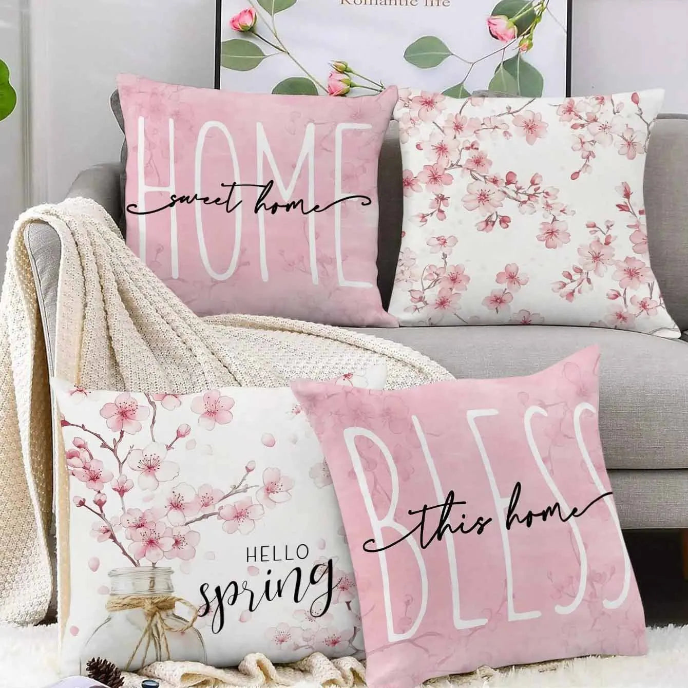 Square short velvet cushion cover with cherry blossom letter print, 45cm size, shown in one of four colour options.