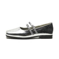 Women's silver leather ballet flats with a cross buckle strap, round toe, and low flat heel.