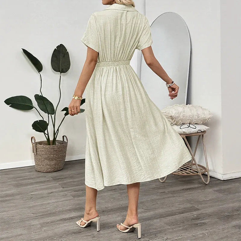 Lapel waist tight pocket shirt dress in light green twill polyester spliced basic style front view