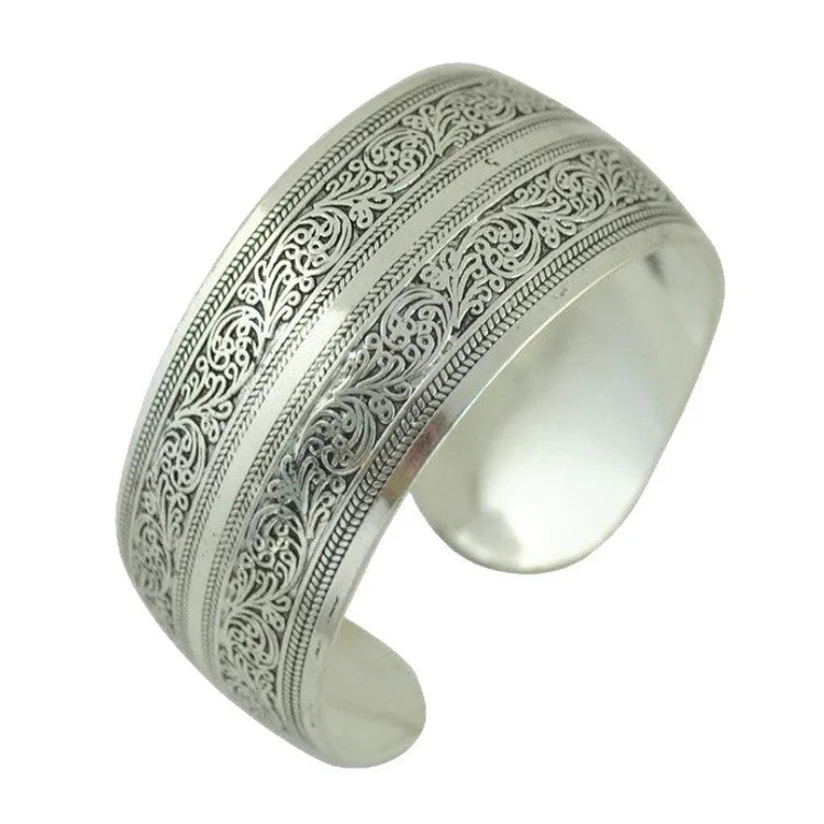 Ethnic carved open Miao silver alloy bracelet in Roman shape with diamond treatment