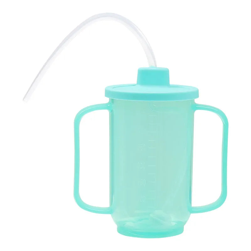 Angled mouth choke-proof bedside drinking cup with handle and lid, shown in PP plastic.