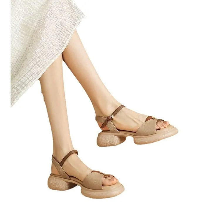 Women's khaki chunky heel platform open toe sandals with renewable leather upper