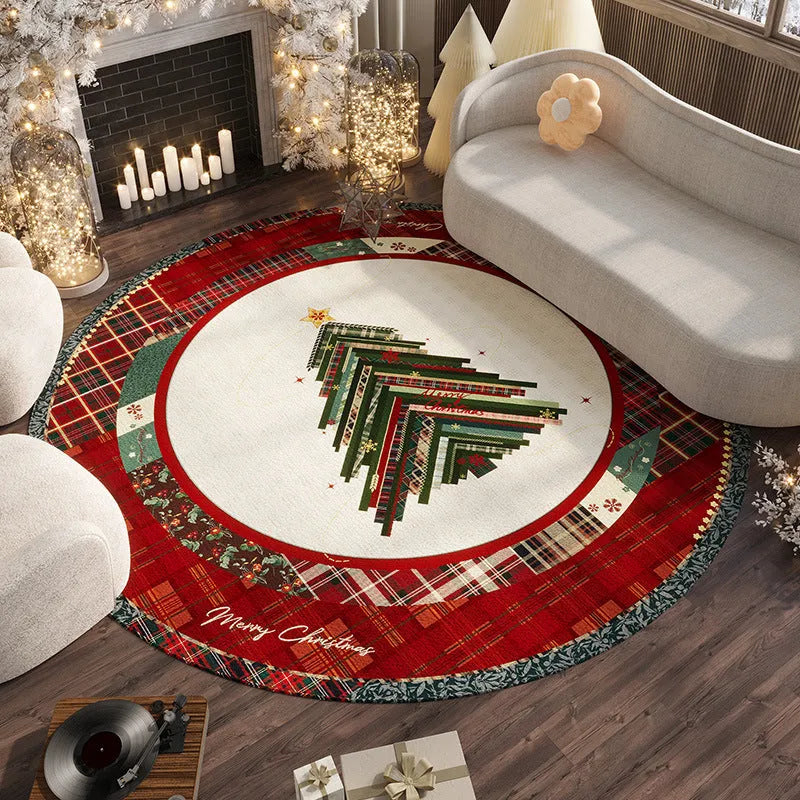 Red Christmas-themed round carpet with festive patterns available in multiple diameters from 60cm to 200cm