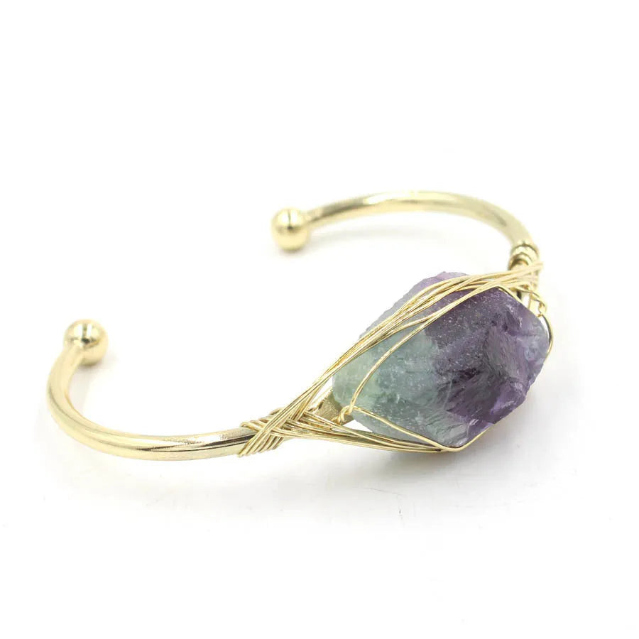 Natural raw gemstone winding bracelet with 8mm amorphous crystal beads in ethnic style design