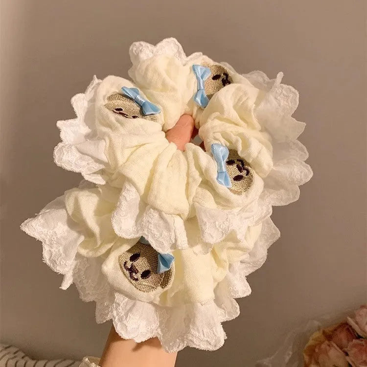 Bear blue bow lace large intestine hair ring elastic fabric hair accessory