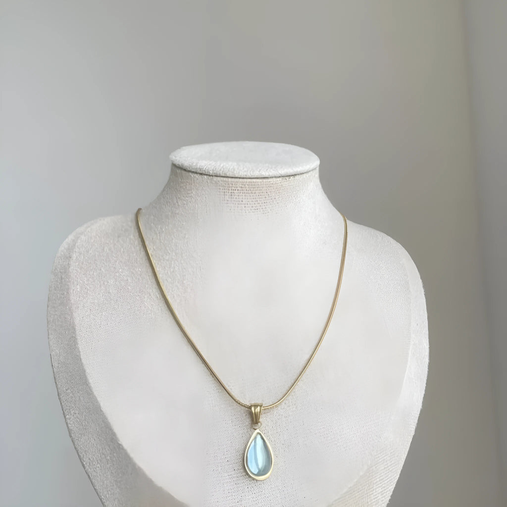 Retro water drop necklace in blue or green on titanium steel snake bones chain for women