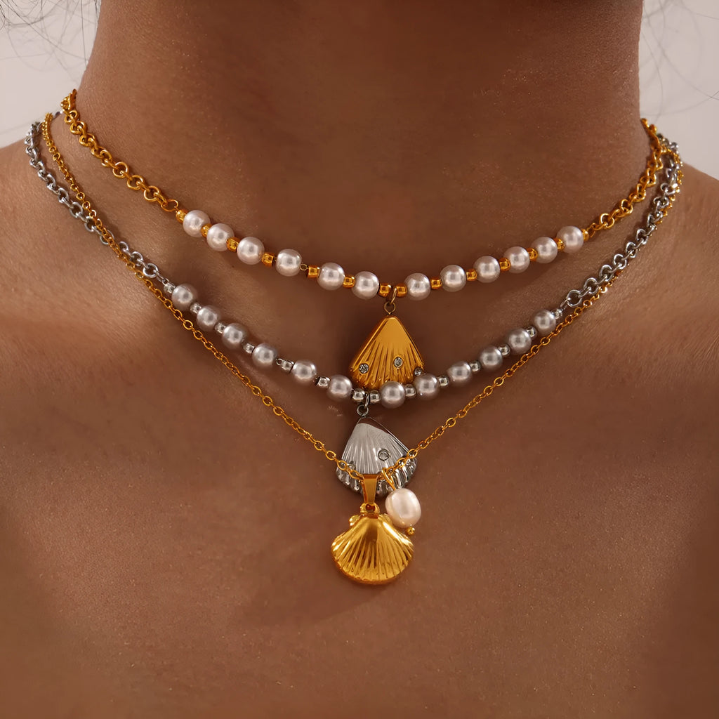 Gold titanium steel necklace with French vintage shell pendant and freshwater pearl beads on O-shaped chain
