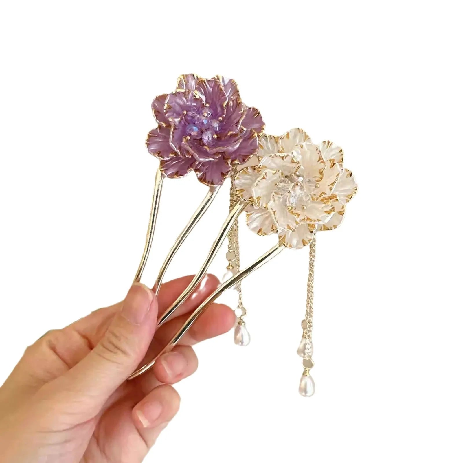 Purple and white alloy peony flower U-shaped hairpin with tassel decoration