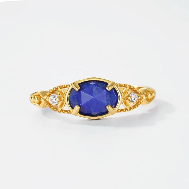 Japanese style geometric silver ring with blue lapis lazuli stone in ellipse shape