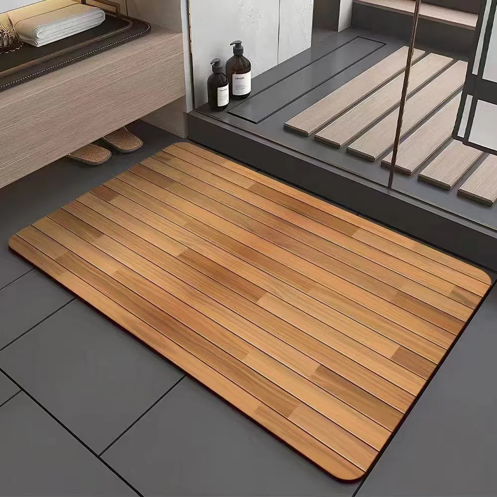 Square diatomite bathroom floor mat with wood grain pattern in a bathroom setting.